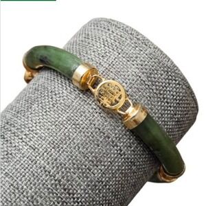 Vintage Chinese Jade Good Fotune Bangle Bracelet Gold Tone Charm Link Chain Wome